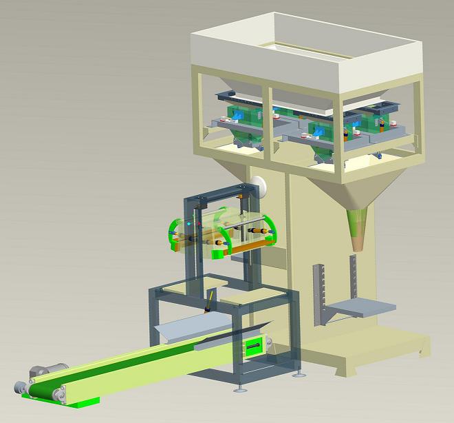 Thiết kế 3D hệ thống cân đóng gói 0.5kg-10kg 4 phễu PM07